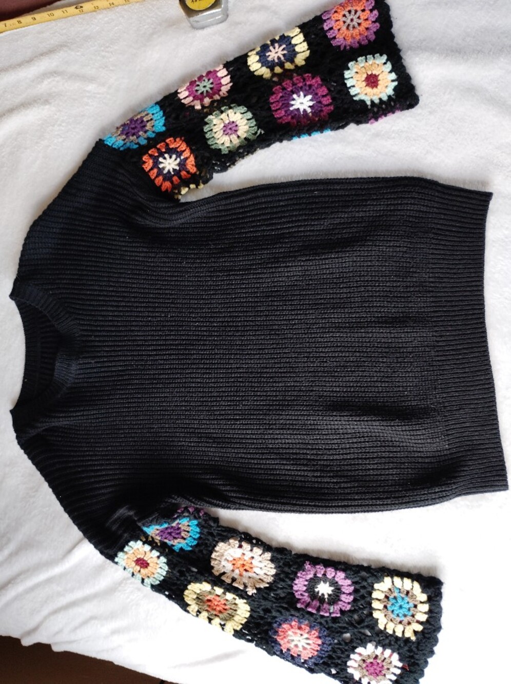 Cottagecore Black Ribbed Crewneck Knit Sweater Crochet Patchwork Granny Square M